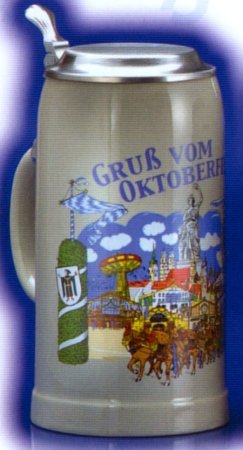 German 1L Oktoberfest Stoneware Beer Mug w/ Pewter Lid